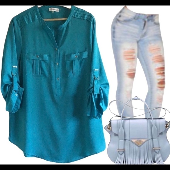 Calvin Klein Light Blue Button Up 3/4 Sleeve Shirt Blouse Size L - Picture 12 of 13